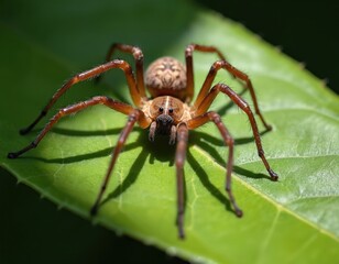 Obraz premium Brown spider with detailed legs rests on green leaf. Macro insect photography shows arachnid in natural habitat. Tiny hairs visible on body and limbs.