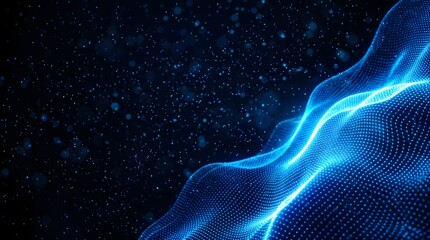 Fototapeta premium Abstract glowing blue digital waveform surface constructed from interconnected glowing particles moves dynamically in dark space