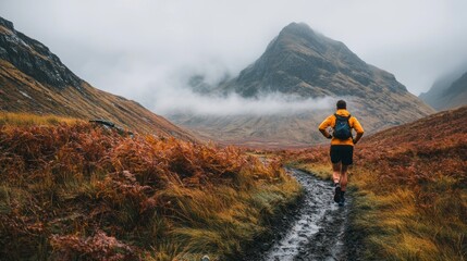 Obraz premium A lone runner traversing a rugged trail in a picturesque mountainous landscape under a moody sky, showcasing determination and the beauty of outdoor athleticism amidst nature's splendor.
