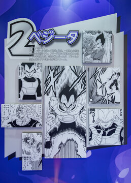 chiba, makuhari - jan 25 2025: A Japanese display panel features Vegeta, voted by fans as the second favorite character after Son Goku at the Dragon Ball Genkidamatsuri for the fortieth anniversary.
