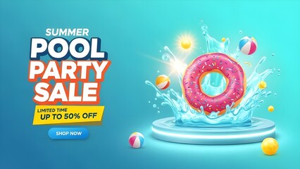 Obraz premium Summer pool party sale advertisement with inflatable donut and beach balls