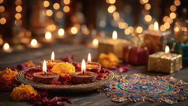 A warm, inviting scene of glowing candles and vibrant flowers, capturing a sense of joy and celebration; perfect for festive marketing or social media