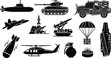Modern military defense and aerospace icons set tanks submarines helicopters and missiles © MdZamirul