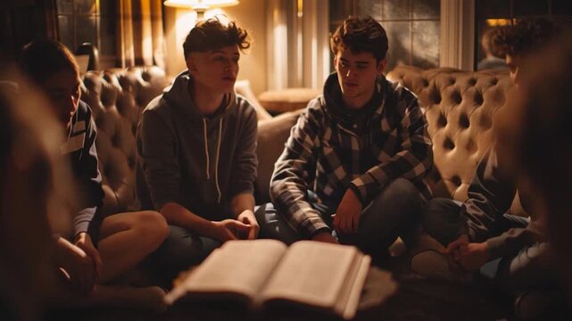 Small Prayer Group Sitting in Circle Reading Bible Together in Softly Lit Room
