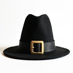 Obraz premium Black pilgrim hat with gold buckle on white background. Classic Thanksgiving headwear symbolizes heritage and tradition. Festive autumn symbol for historical celebration.