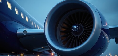 Jet engine intake detail of blue airplane at night. Turbine blades visible inside powerful aircraft motor. Modern aviation tech, travel industry.