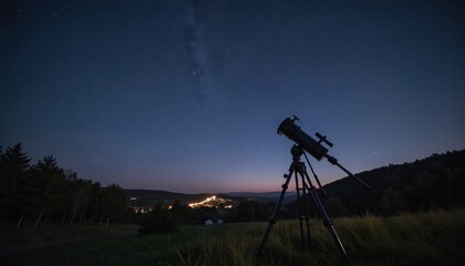 Fototapeta premium Telescope on tripod aims at starry night sky over town lights. Milky Way visible above trees and hills. Outdoor astronomy observation at dusk. Space exploration hobby.