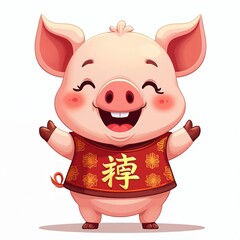 Obraz premium Cute cartoon pig character wears traditional red vest. Pig smiles widely with open mouth, arms raised. Festive animal illustration for Chinese New Year greeting.