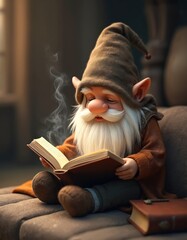Naklejka premium Gnome reads book on comfy sofa. Small bearded man wears hat and tunic. He sits with eyes closed enjoying story. Light illuminates scene, smoke rises.