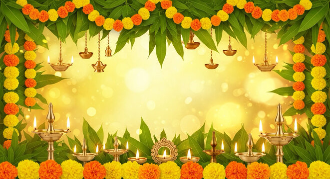 Indian New Year Festival Background with Lamps and Flowers