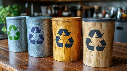 An array of stylish recycling bins in various materials like wood, metal, and plastic, emphasizing eco-friendly disposal options for sustainable living and waste management practices.