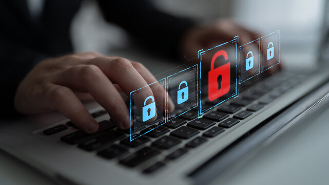 Digital security concept illustrating a cybersecurity breach, with a red unlocked padlock indicating data exposure among secure systems, emphasizing system vulnerability and risk Latch