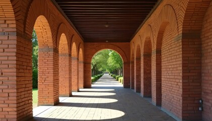 Fototapeta premium Brick arcade with wooden roof creates shady pathway bordered by manicured green lawn and trees. Sunlight casts arched shadows on paved walkway creating tranquil atmosphere, sense of history.