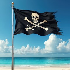 Fototapeta premium Jolly Roger flag flies on tropical beach near ocean. Skull and crossbones emblem on black pirate banner against blue sky with clouds. Sandy shore with calm sea waves.