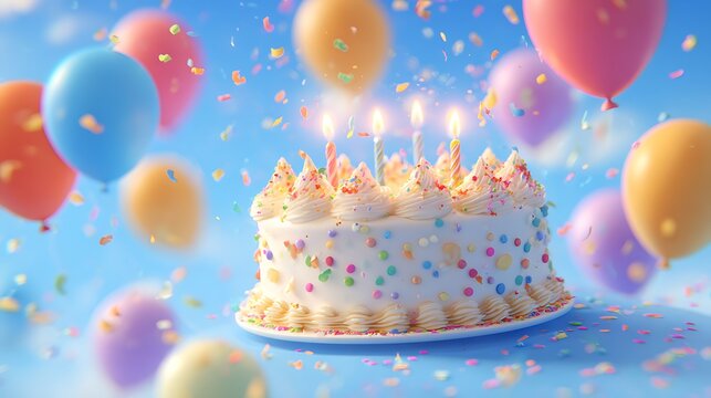 A colorful birthday cake with lit candles and balloons floating in the air on a bright blue background