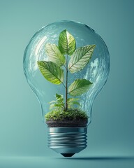 Fototapeta premium A captivating lightbulb encapsulates a thriving plant, symbolizing the fusion of innovation and nature, representing sustainability and growth in a beautifully illuminating way.