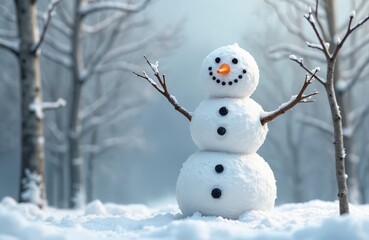 Fototapeta premium Smiling snowman with carrot nose stands in snowy forest with bare trees. Winter scene features soft shadows and fresh snow. Frosty day, outdoor recreation, winter fun.