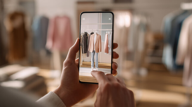 Ai Using a smartphone to view clothing options in a store setting during the day