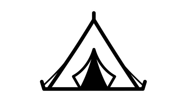 Minimalist camping tent outline icon vector. Simple black line art illustration of outdoor adventure shelter symbol on white background.