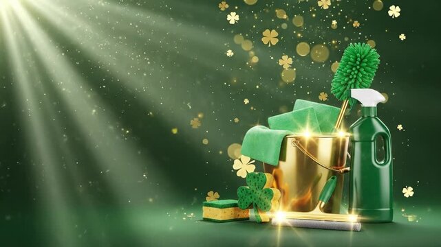 Golden bucket with green cleaning supplies and shamrocks, a St. Patricks Day spring cleaning concept. Advertising banner.