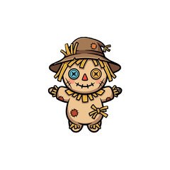Fototapeta premium A cartoon scarecrow with a hat and straw body standing.
