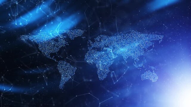 Digital world map made of glowing particles, global technology network and future digitalization concept.