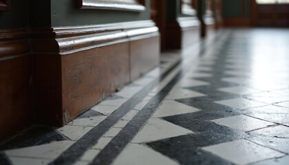 Old hallway floor features monochrome geometric tiles and dark polished wooden baseboard. Classic victorian interior design shows antique patterns and textures. Aged surface reflects light.