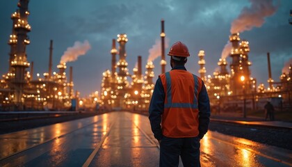 Fototapeta na wymiar Industrial worker in safety vest and hard hat views large illuminated refinery complex at night. Smokestacks emit plumes as steam rises. Workers oversee plant operations.