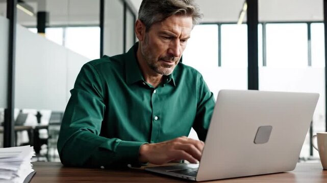 Businessman working on laptop at office desk with stack of papers beside him