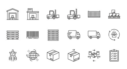 A set of minimalist line art icons depicting various logistics and shipping concepts