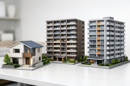 住宅購入や不動産投資を検討する際に比較する一軒家とマンションの精巧な住宅模型