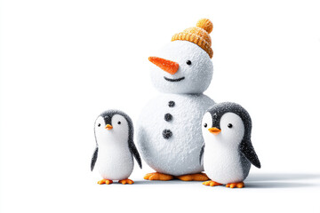 Fototapeta premium A snowman and two penguins on a white background, space for text. Space for text.