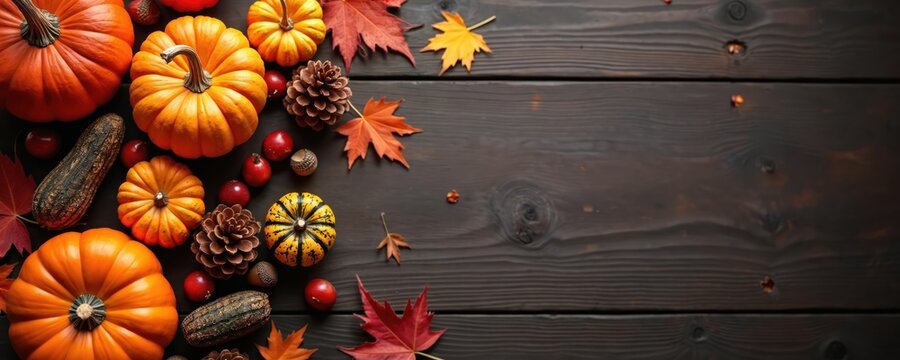 Fall harvest arrangement on dark wood surface. Orange pumpkins red berries pine cones and autumn leaves create a festive seasonal scene. Blank space for text messages.