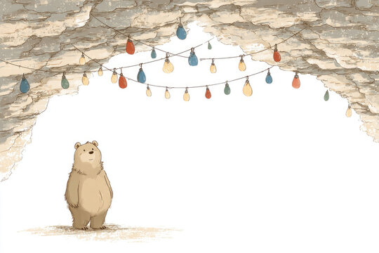 A bear cub under garlands inside a cave, children's illustration. Space for text.