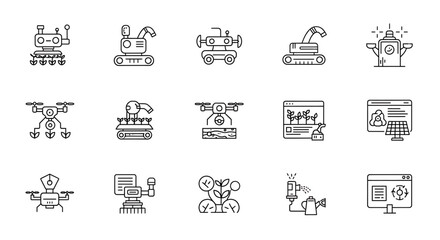 Fototapeta premium A set of industrial and technological vector icons featuring various machines and digital concepts