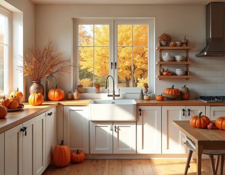 Modern farmhouse kitchen basks in warm autumn sunlight. Pumpkins and fall decor adorn white cabinets and wooden counters. Large window shows vibrant yellow fall trees outside.