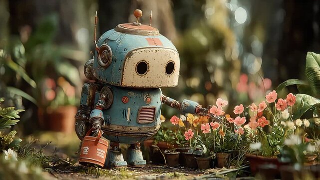 Charming vintage robot gently tending to flowers, creating a whimsical and nostalgic scene illustrating care, growth, and quiet moments.