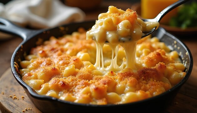 Creamy baked mac and cheese in cast iron pan with crunchy breadcrumb topping. Spoon lifts cheesy pasta showing gooey melt and bubbling edges. Rustic table setting perfect for comfort food.