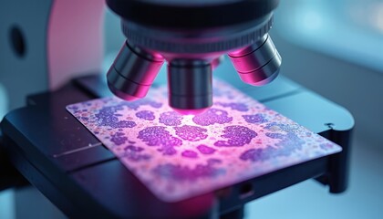 Obraz premium Microscope lens examines purple cellular structures on slide. Scientific research into disease, biology, lab analysis, and medical diagnostics under magnification.