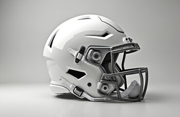Fototapeta premium White american football helmet with grey facemask on a clean grey studio background. This protective headgear is isolated and ready for branding.