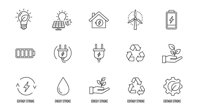 A set of eco-friendly vector icons representing sustainable energy and environmental conservation