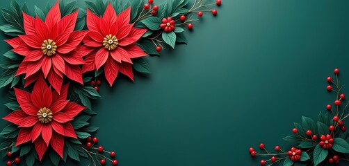 Obraz premium Red poinsettia flowers and berries on dark green background. Festive winter floral arrangement. Holiday season decoration. Christmas plant bloom.