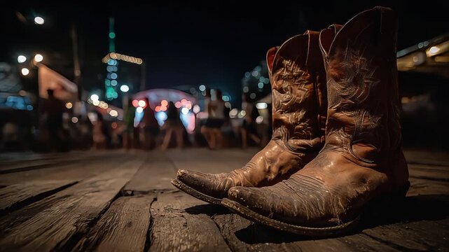 A close-up of weathered cowboy boots resting on a rustic wooden deck at night. Evokes feelings of freedom, authenticity, and a touch of nostalgia for 