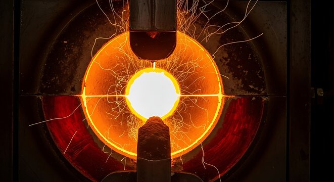 Metal incandescente sendo moldado em um forno industrial com fa&iacute;scas.