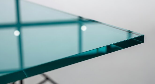 Mesa moderna com borda de vidro e superf&iacute;cie refletora.