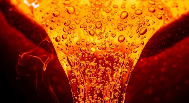 L&iacute;quido laranja vibrante com bolhas subindo em um ambiente escuro.