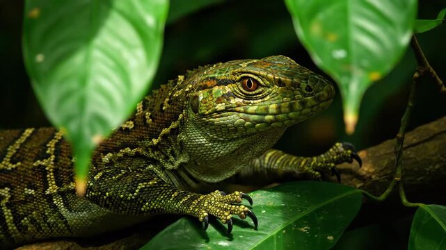 Detailed shot of a green lizard resting on a branch in the jungle.