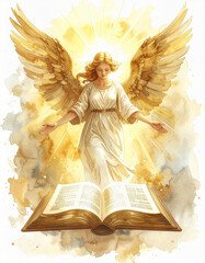 Naklejka premium Ethereal female angel in white robe reads ancient leather-bound scriptures bathed in heavenly yellow glow, symbolizing faith and divine wisdom.