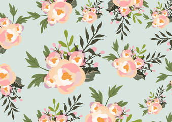 Vibrant tropical flower pattern with exotic hibiscus and palm leaves in a seamless repeat layout