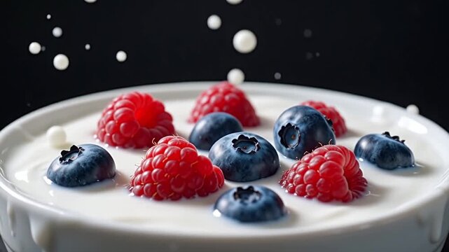 Ai fresh raspberries drop into creamy yogurt for a tasty snack or dessert option perfect for any time of day